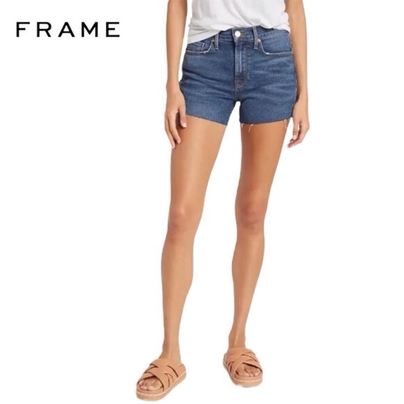 Frame Le Brigette High Waist Cut Off Denim Blue Jean Raw Hem Shorts Size 33
